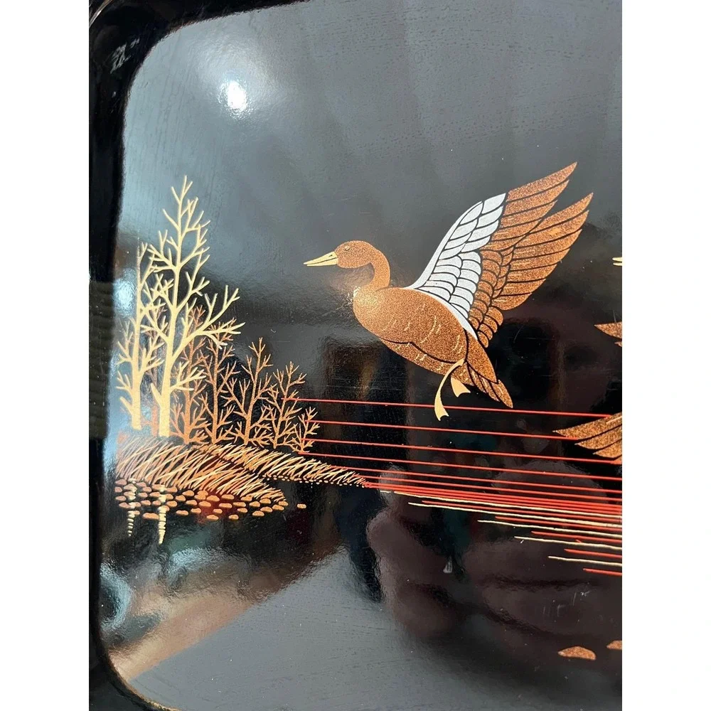 Japan Lacquerware Serving Tray Black Gold Mallard Ducks Nature Scene Shaddy